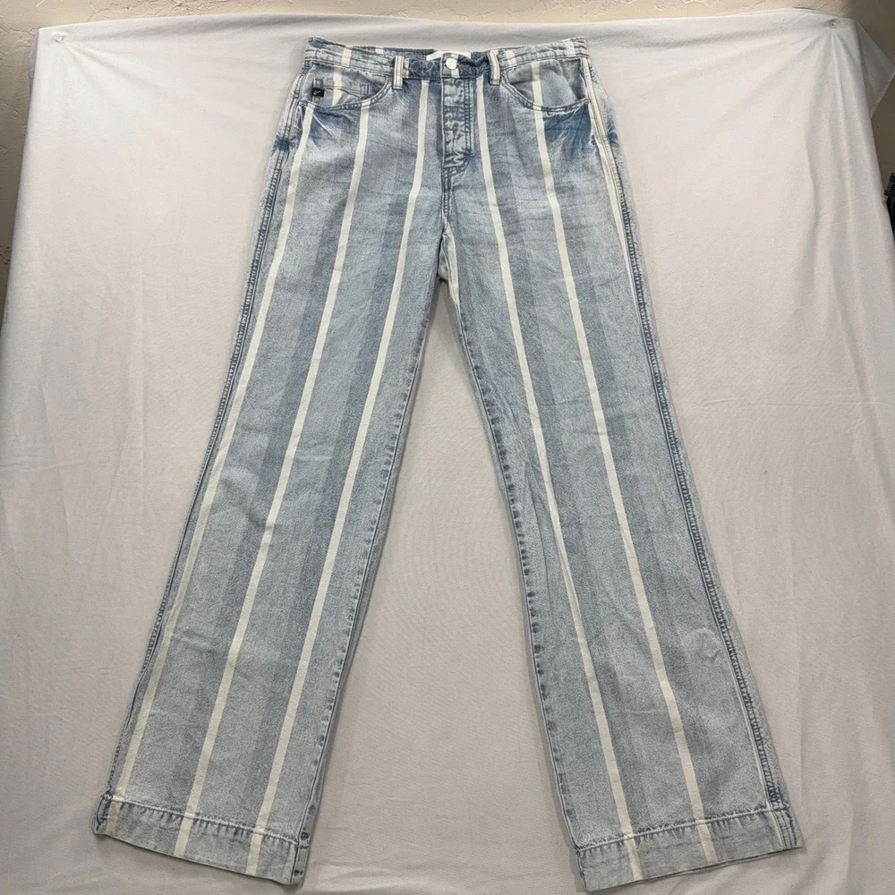 KanCan Jeans Wide Leg Striped High Rise Button Fly Blue White Womens 11/29